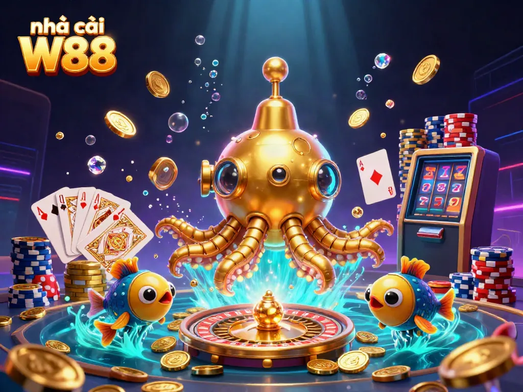 Experience the thrill at nhà cái W88 with vibrant casino elements, showcasing golden kraken submarine and dynamic gaming action.