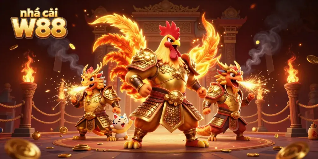 Experience thrilling action at nhà cái W88 with a vibrant scene of a rooster warrior and dragon hatchling among golden casino elements.