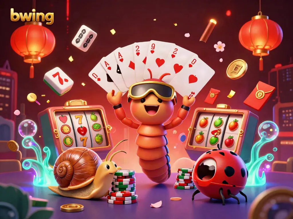 Bwing casino scene with a millipede dealer, snail high-roller, and pill bug amid vibrant slot symbols and festive decorations.