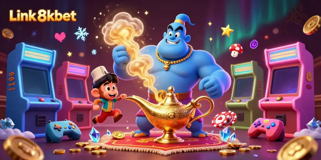 Engage in excitement with Link 8kbet as a blue genie and a monkey ride a magic carpet through vibrant casino elements.