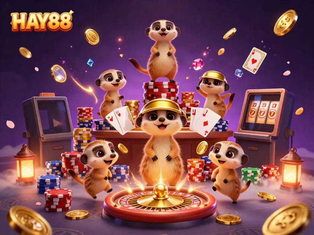 Experience exhilarating gameplay at HAY88 with lively meerkats managing a vibrant 3D casino atmosphere.