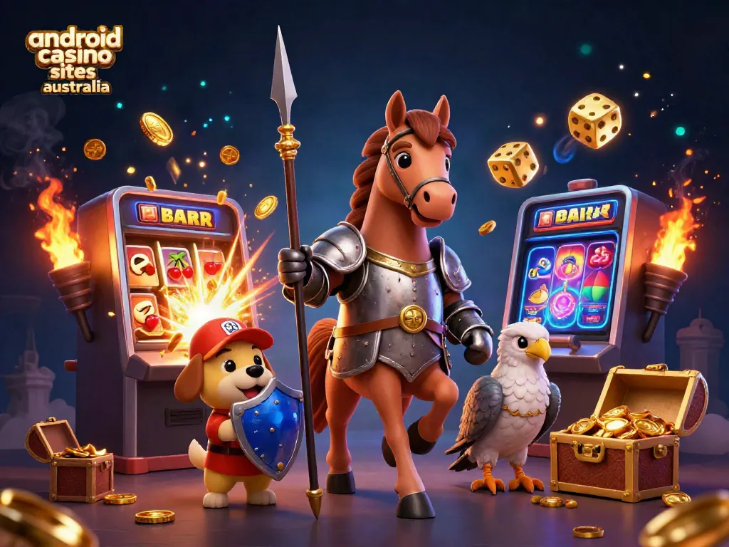 Engage with vibrant android casino sites Australia through an exciting 3D scene of knights and games.
