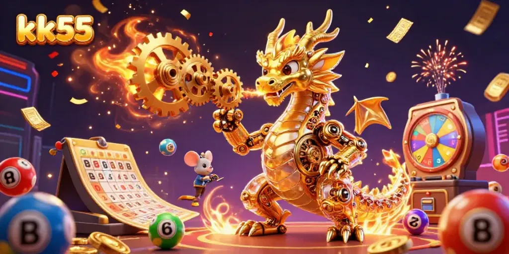 Experience the excitement of the kk55 casino with a biomechanical dragon and lottery elements.