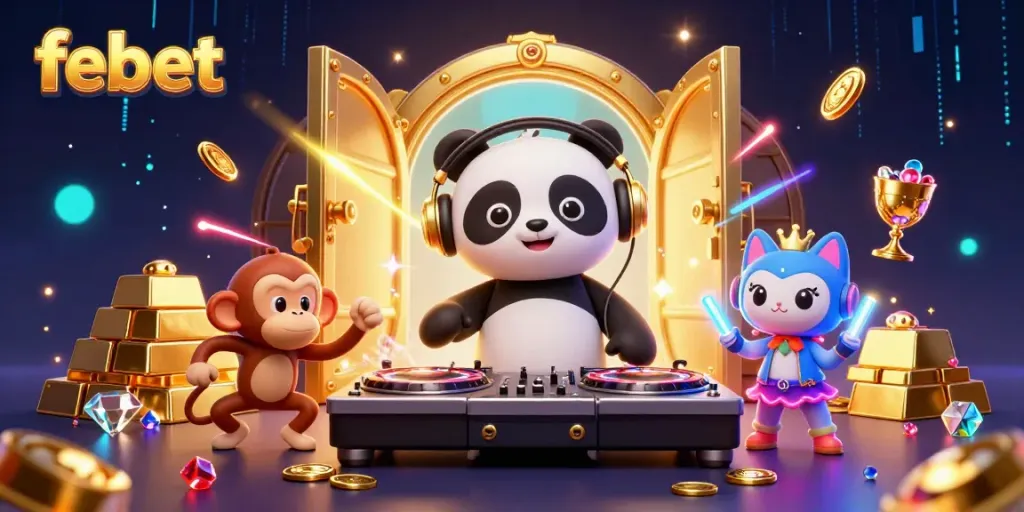 Experience the vibrant gaming scene at febet with a dazzling DJ panda and animated characters in a dynamic casino atmosphere.