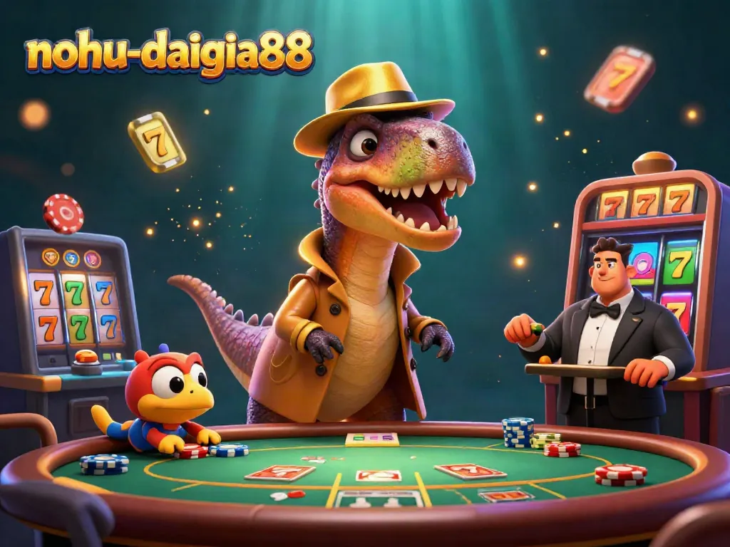 Nohudaigia88 showcases a vibrant scene with a velociraptor card counter, stegosaurus pit boss, and a compy pickpocket amidst a slot game setting.
