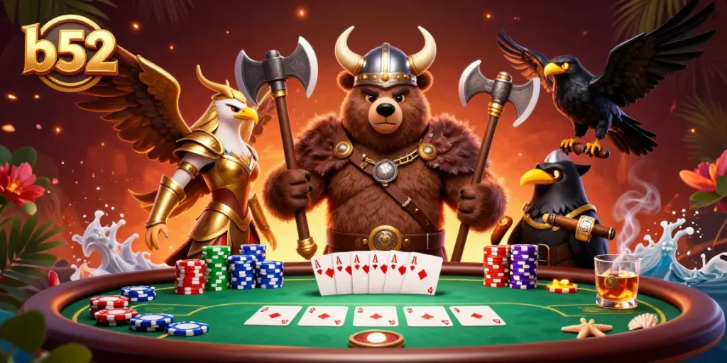 Engage in thrilling b52 poker battles with dynamic characters and colorful casino elements.