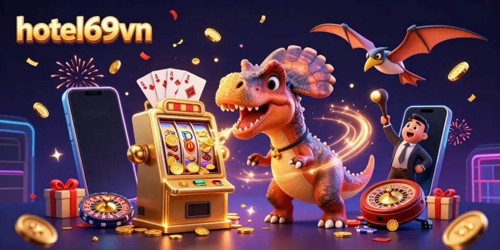 Experience the thrill of hotel69vn as a pachycephalosaurus wins a casino jackpot, coins flying everywhere.