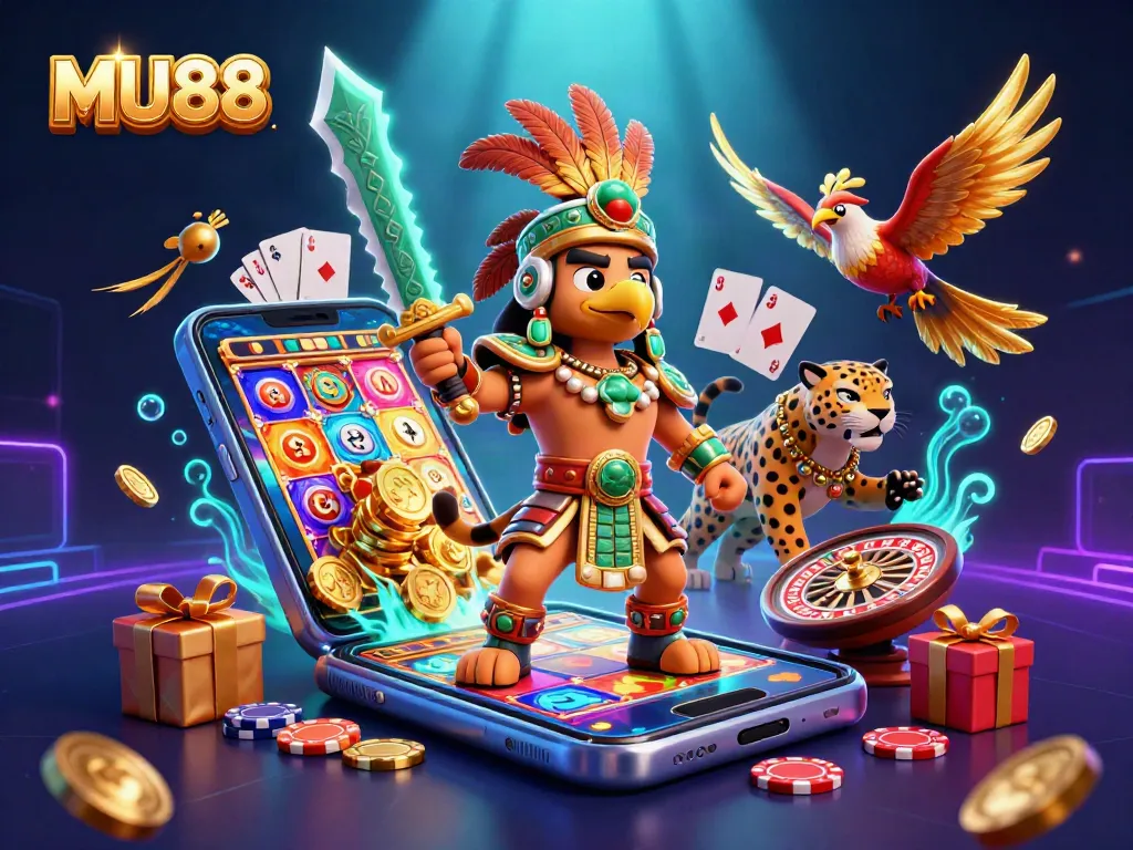 Experience MU88's thrilling casino action with 3D warriors amidst vibrant gambling elements.