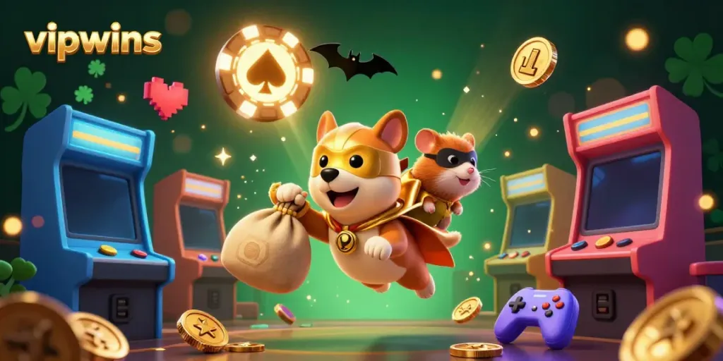 Experience the thrill of vipwins with a dynamic scene of superhero dog flying, gold coins, and arcade gaming elements.