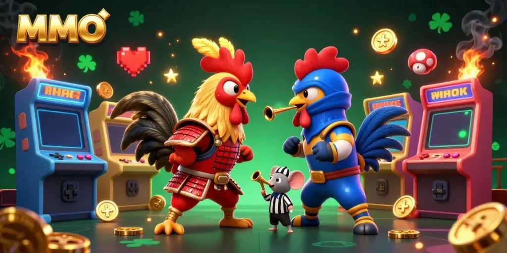 Bet on epic standoffs with MMOO featuring fighting roosters in a colorful casino atmosphere.
