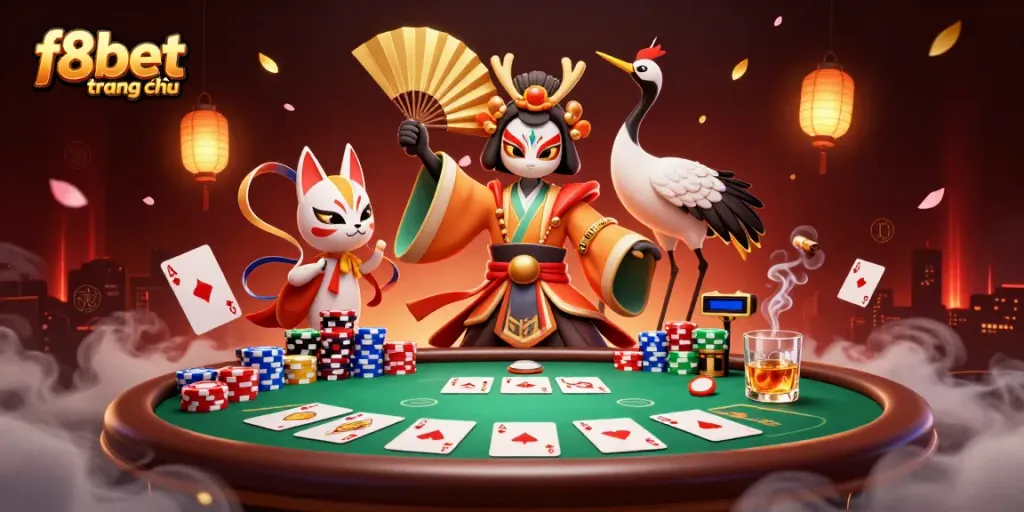 Experience the thrill of f8bet trang chủ with vibrant casino elements featuring poker tables and kabuki warriors.