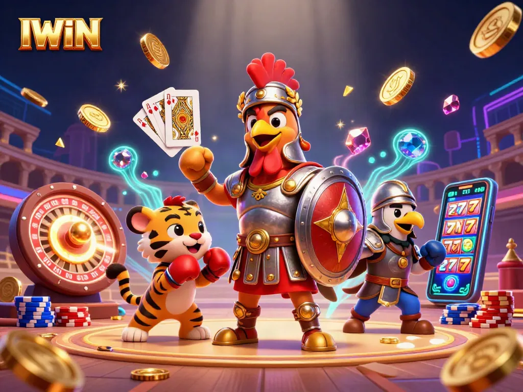 IWIN's energetic casino scene showcases a gladiator rooster and eagle surrounded by vibrant colors and gaming elements