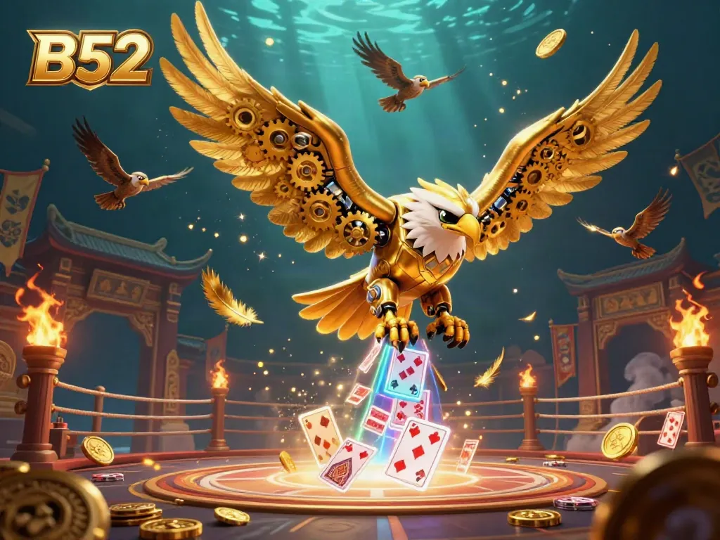 Bet big with B52 in this captivating casino scene featuring a cybernetic golden eagle.