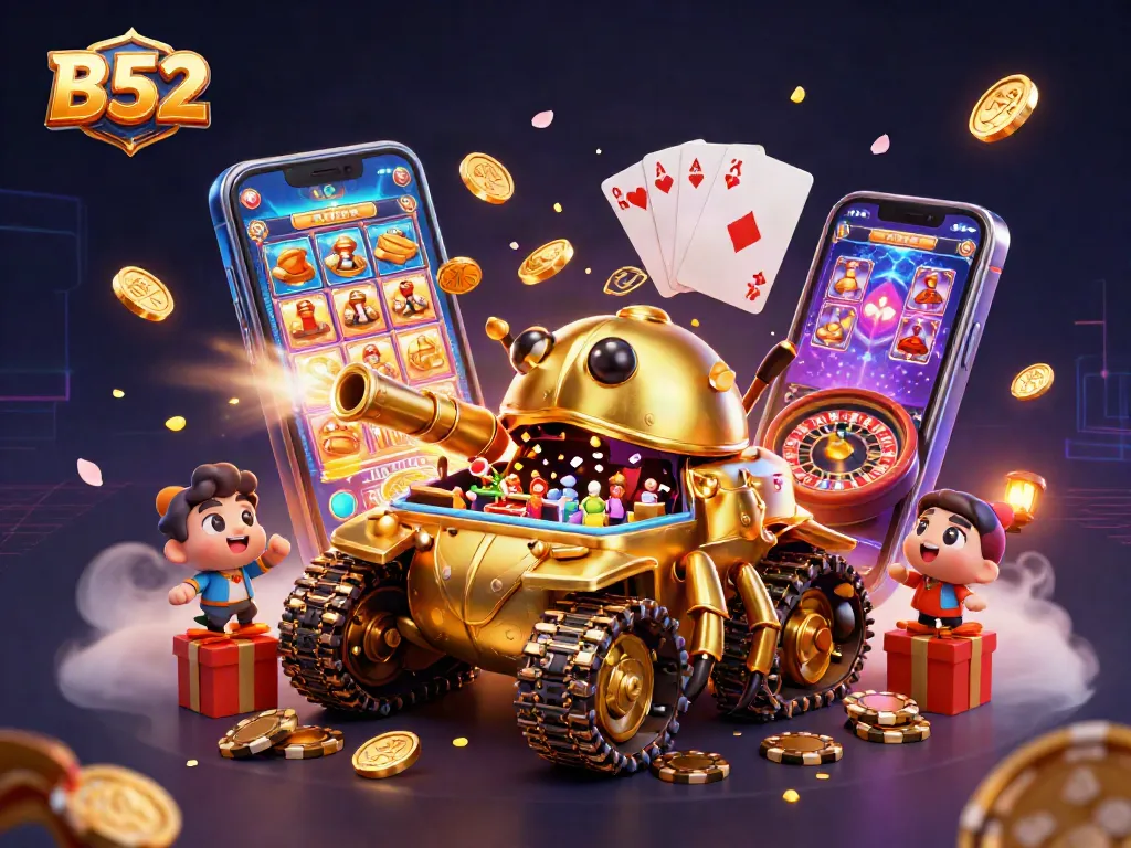 B52 celebrates winning in an ultra-detailed casino scene with a massive golden beetle tank, vibrant game elements, and joyous confetti.