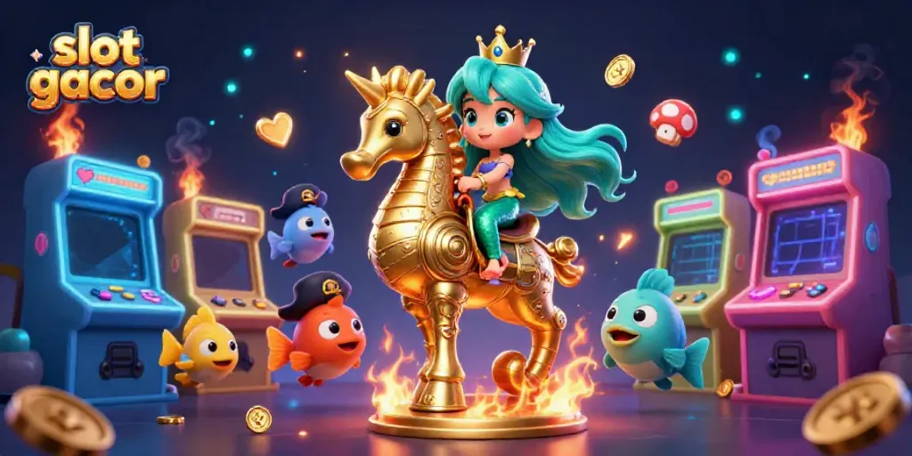 Gambarkan slot gacor dengan putri duyung dan kuda laut anggun dalam dunia game 3D yang penuh warna.