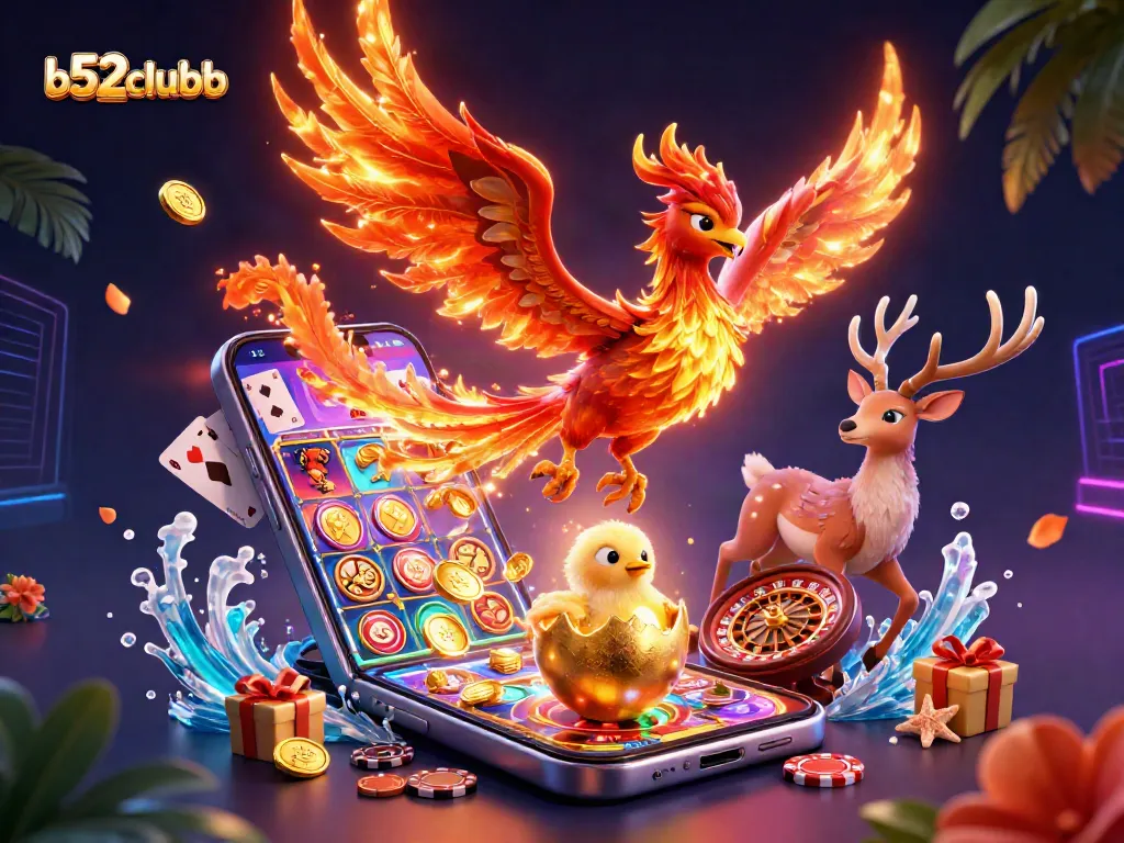 Engage with b52clubb as a 3D phoenix rises amidst vibrant casino games, golden coins, and dynamic elements.