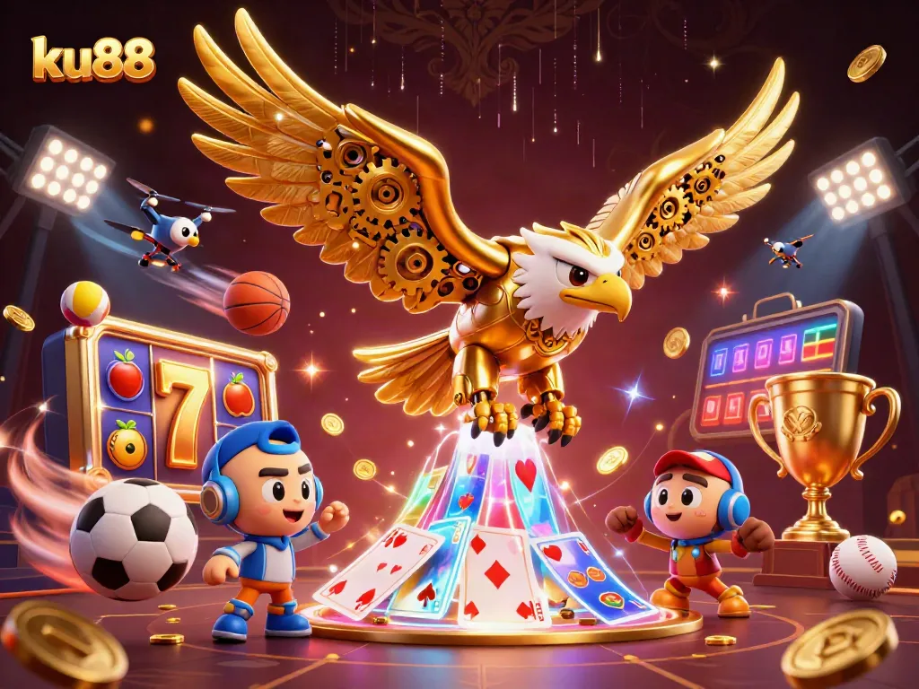 Engage with ku88 and experience the thrill of slots and sports betting action in this dynamic illustration.