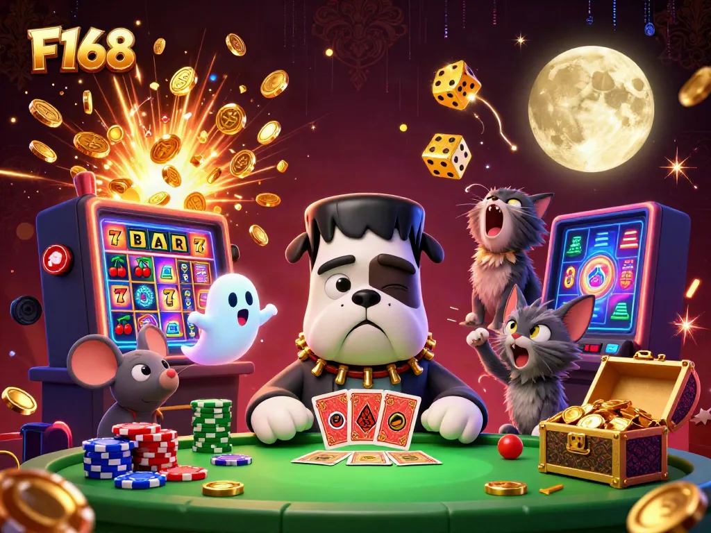 Engage in thrilling casino action at F168 with cards dealt by a Frankenstein bulldog at a spooky table.