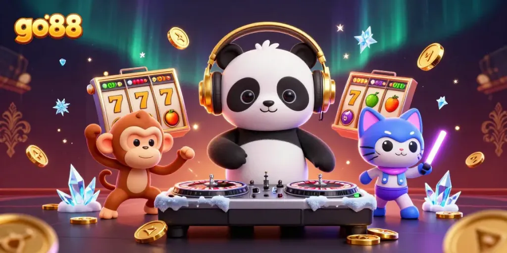Join the fun with go88's vibrant casino scene featuring a DJ panda and lively gaming elements.
