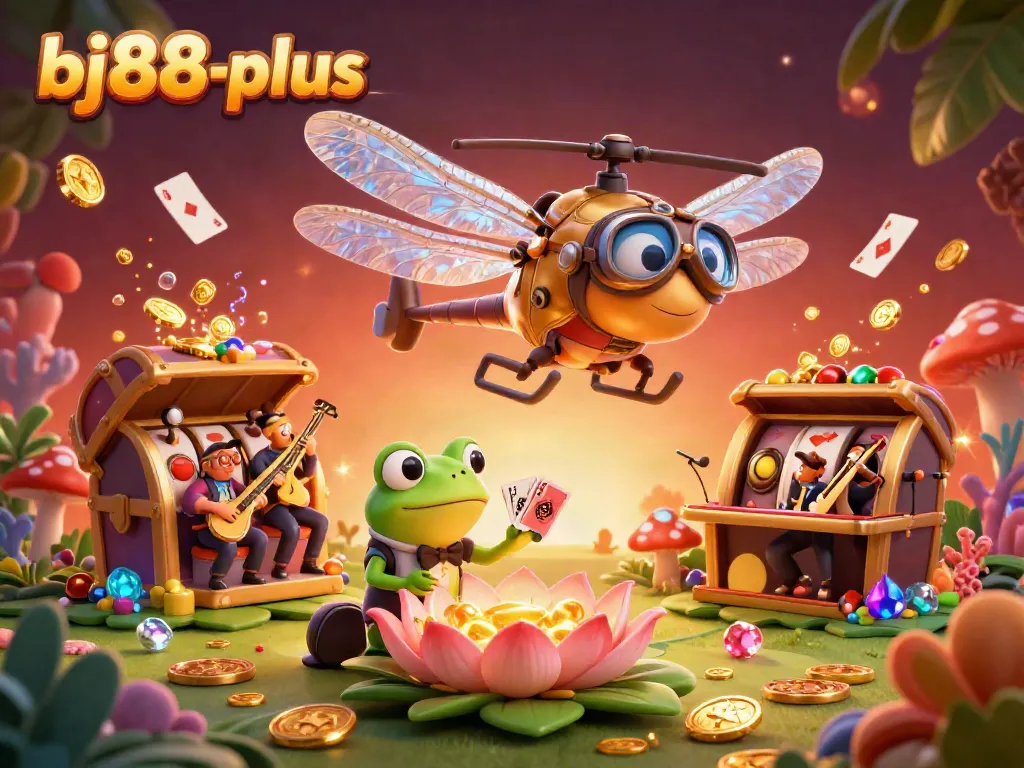 Experience the immersive world of bj88-plus with a vibrant casino scene featuring a dragonfly pilot and frog dealer.