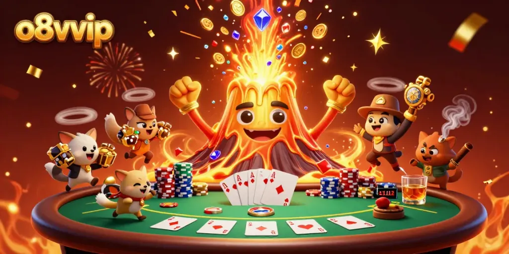 Experience thrilling wins with o8vvip's vibrant casino adventure featuring an erupting golden volcano and treasure.