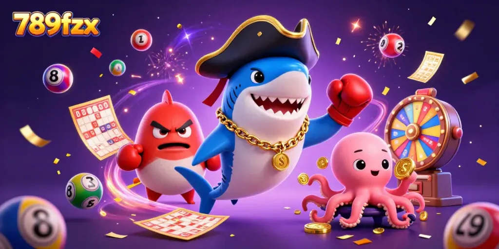 Experience thrilling wins with 789fzx as cartoon characters celebrate with colorful lottery balls and prizes.