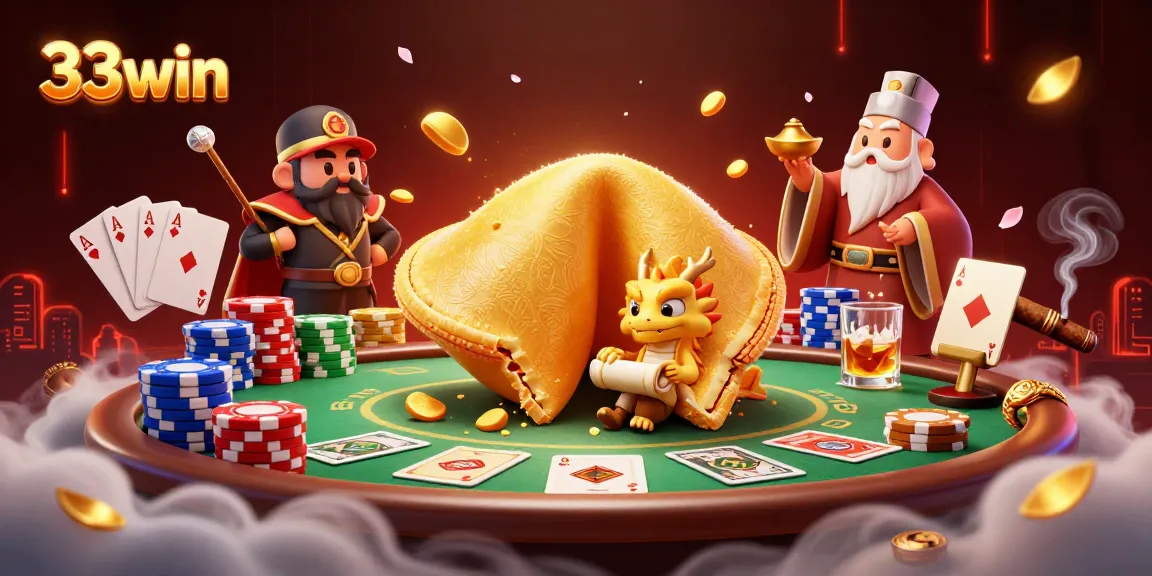 Engage with 33win's dynamic casino world featuring a golden fortune cookie and poker elements.