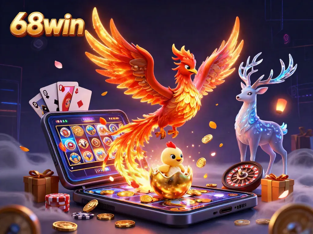 Experience the thrill of 68win with this vibrant 3D scene featuring a soaring phoenix and casino elements.