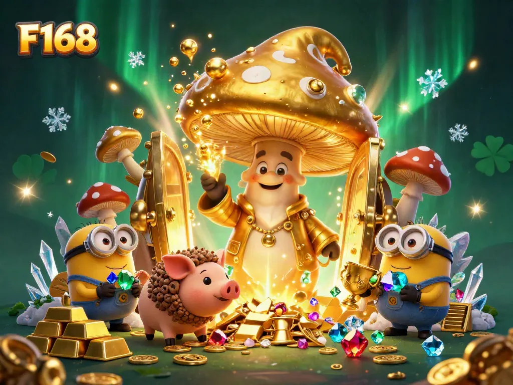 F168 showcases a wizard channeling treasures in a captivating casino-themed illustration full of gold and gems.