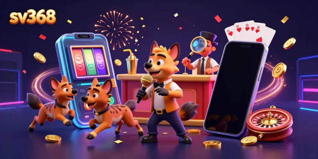Experience the comedy and fun of sv368 as cartoon hyenas entertain in a lively casino scene.