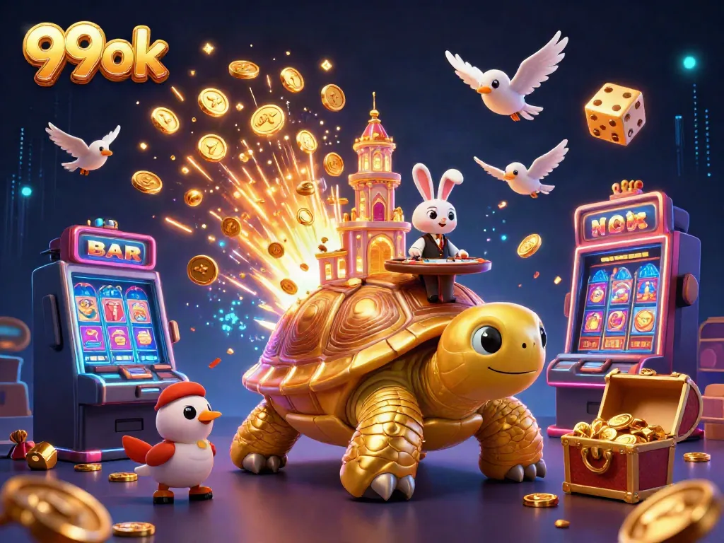 Join the excitement at 99ok, where golden tortoises and lively dealers create a vibrant casino scene.