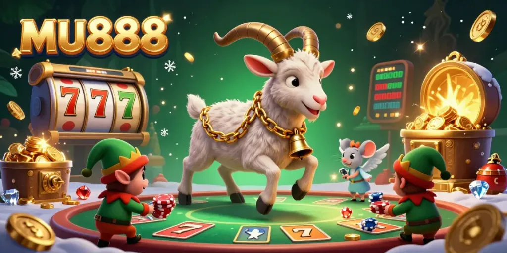 Experience mu888’s lively festive casino with chaotic gremlins and sparkling treasures in this vibrant illustration.