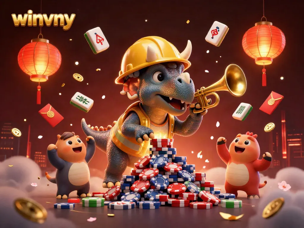 Experience thrilling casino fun with winvny as the triceratops builds poker chips amidst vibrant festive elements.