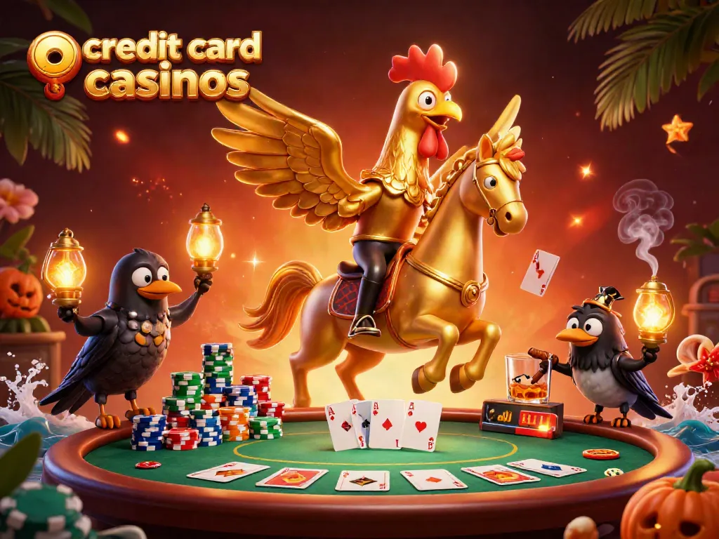 Engaging scene of credit card casinos, showcasing a golden rooster and poker actions in a vibrant casino environment.