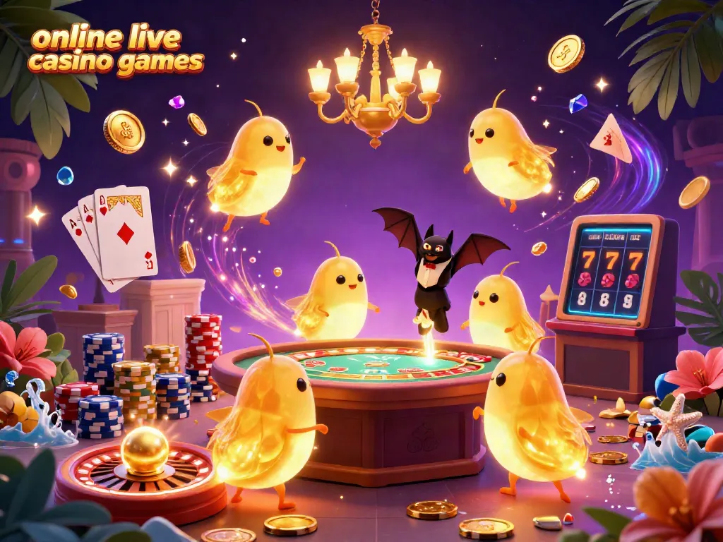 Experience thrilling online live casino games with vibrant 3D characters and sparkling effects.
