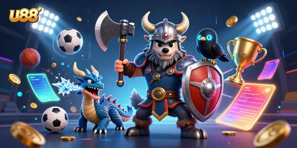 Engage in exhilarating bets with u88's dynamic digital casino, showcasing thrilling games and colorful elements.