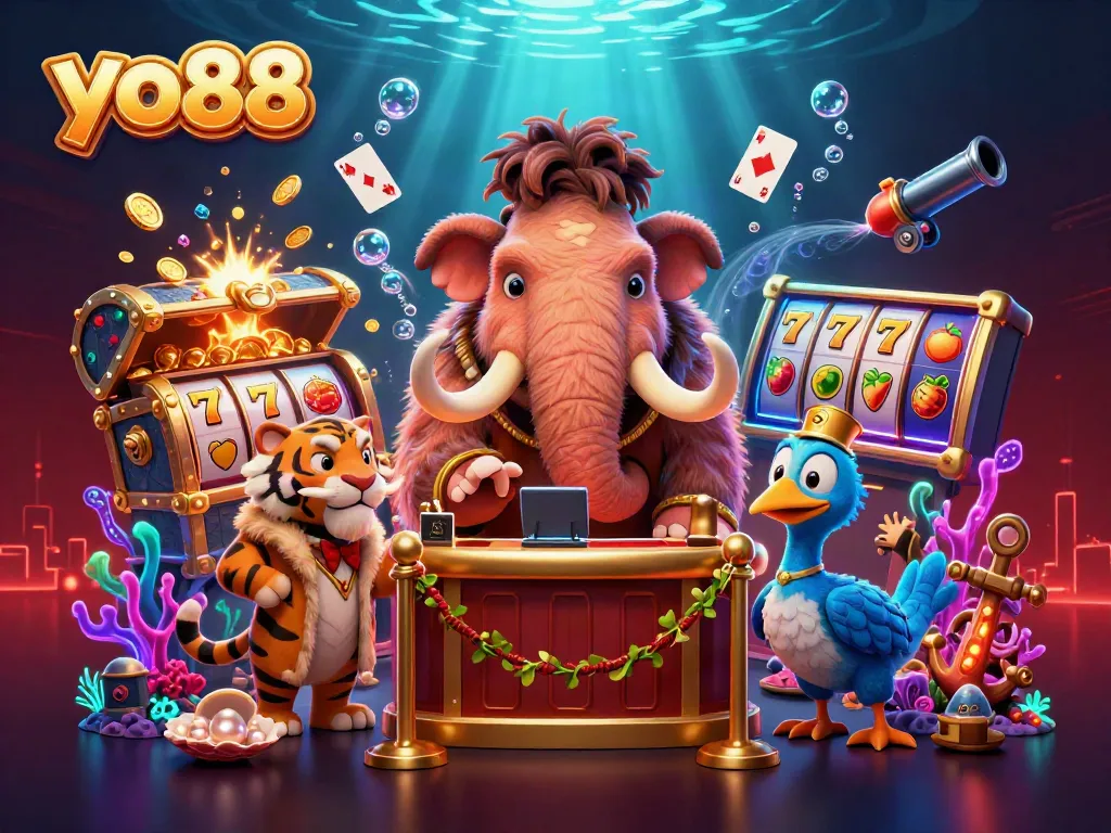 Experience thrilling moments at yo88 with a vibrant casino scene featuring unique characters and game elements.