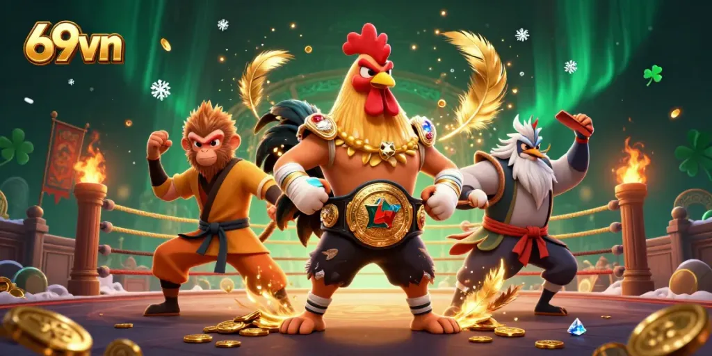 Engage in thrilling 69vn gaming action surrounded by dynamic casino elements and vibrant characters.