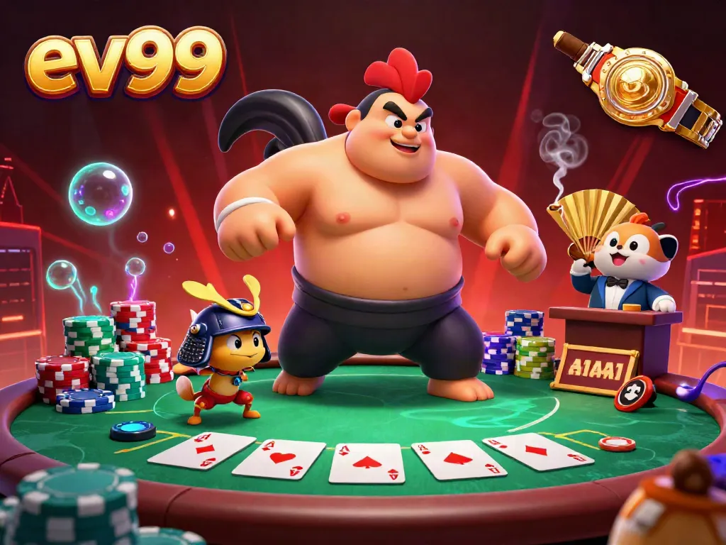 Experience thrilling poker action with ev99's vibrant mascot characters in a dynamic, colorful casino setting.