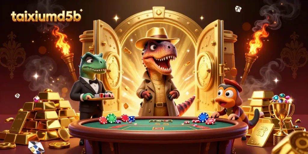 Experience thrilling gameplay in taixiumd5b with cartoon dinosaurs at a vibrant blackjack table.