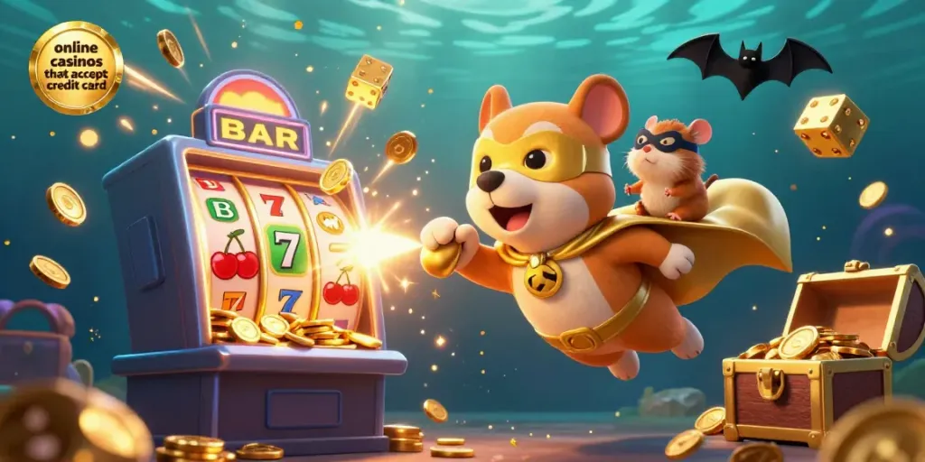 Exciting scene depicting online casinos that accept credit card with a flying superhero dog and hamster amidst lively casino elements.