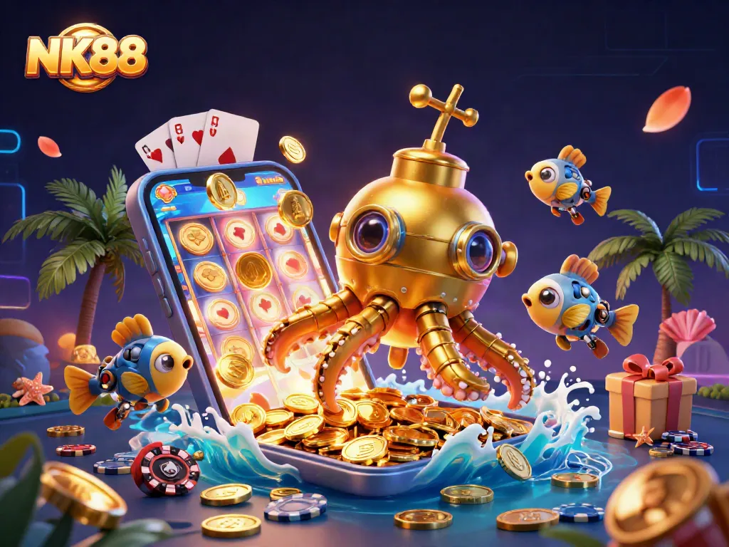 Spin the reels with NK88's golden kraken submarine amidst a treasure of casino gems.