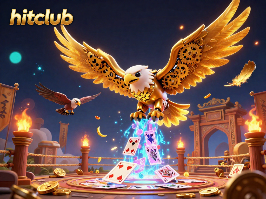 Hitclub - A dynamic gaming scene featuring a cybernetic eagle amidst holographic cards and vibrant casino elements.