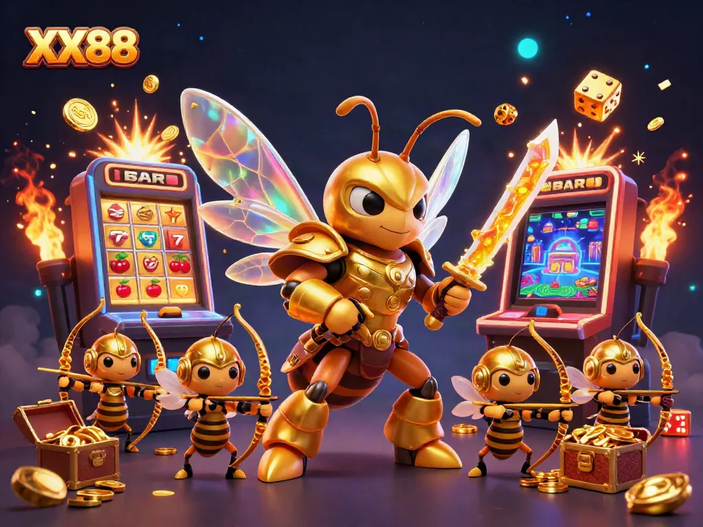Engage in thrilling action at XX88 with a golden hornet character in samurai armor amidst vibrant casino elements.